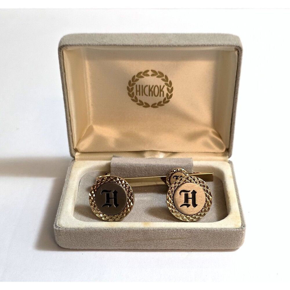 Vintage Hickok Tudor Initial H Brush Gold Tone Cufflink Set Monogram & Case USA